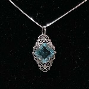 Antique Edwardian circa 1910 Silver Aqua Blu Glass Filigree Pendant Necklace 18"